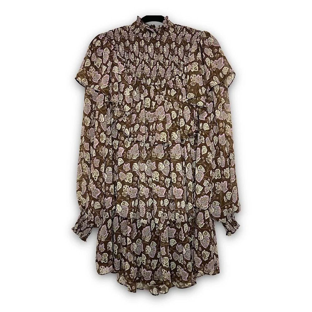 NWT CINQ A SEPT Boho Floral Ruffle Puffed Long Sleeve Smocked High‎ Neck Dress 8